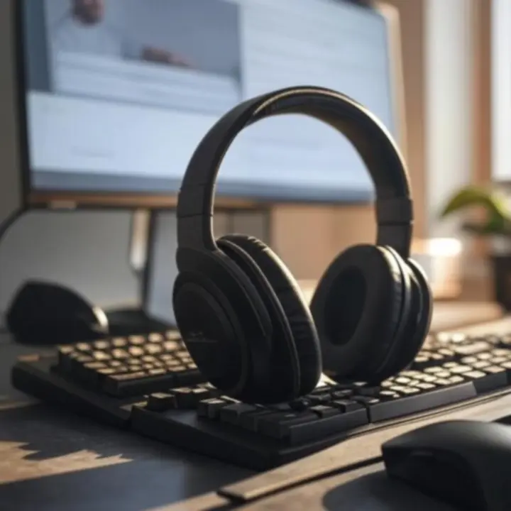 Stanowisko gracza z monitorem, klawiaturą i słuchawkami, obok opinie klientów na ekranie