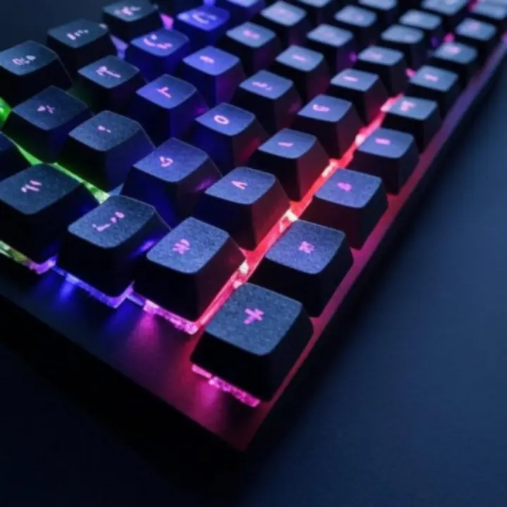 Zbliżenie na detal klawiatury gamingowej z podświetleniem RGB