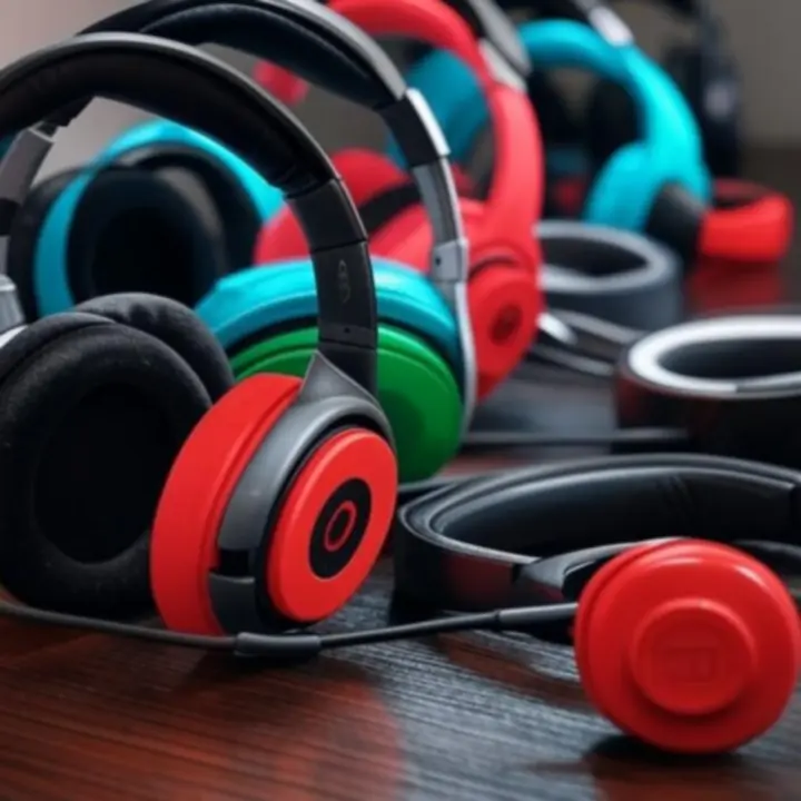 Galeria różnych modeli gamingowych słuchawek ustawionych na biurku gracza