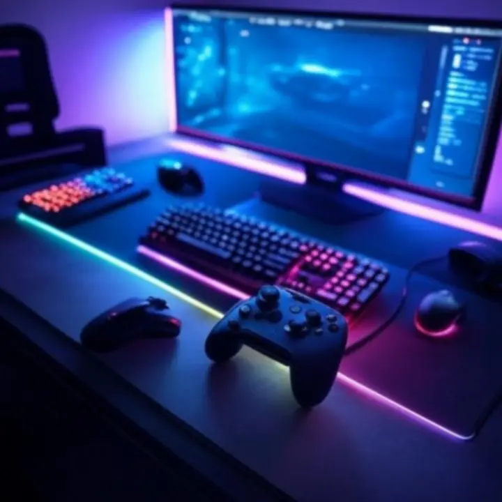 Nowoczesne stanowisko gamingowe z podświetlanym biurkiem i zestawem akcesoriów